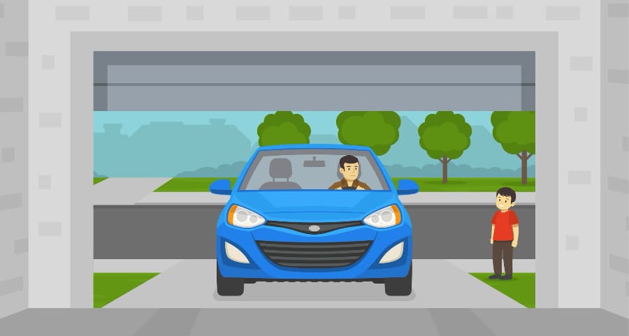 Graphic of a homeowner driving into the garage with a child waiting nearby.